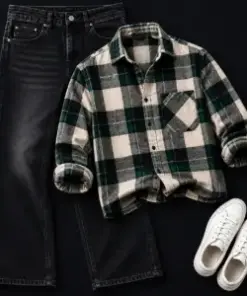 Trendy Green and Beige Plaid Flannel with Washed Black Jeans Combo