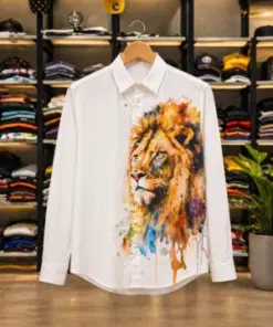 Men’s White Casual Shirt with Artistic Lion Print – Smart Street Fashion