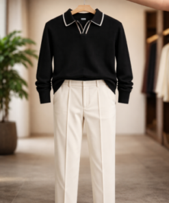 Men’s Premium Smart Casual Outfit – Black Knit Polo & Beige Trouser Look