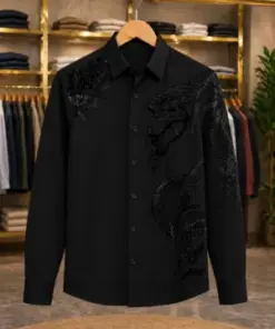 Men’s Elegant Embossed Designer Shirt – Black Textured Party Wear Full Sleeve Shirt