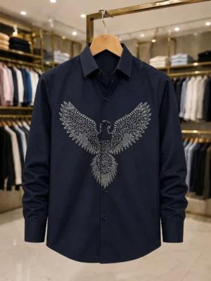 Men’s Premium Eagle Embroidery Shirt – Navy Blue Full Sleeve Shirt