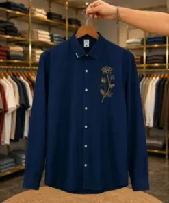 Men’s Elegant Floral Embroidered Shirt – Navy Blue Full Sleeve Premium Shirt