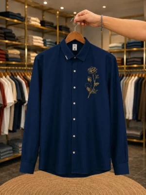 Men’s Elegant Floral Embroidered Shirt – Navy Blue Full Sleeve Premium Shirt