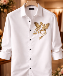 Men’s Premium White Shirt – Gold Skeleton Embroidered Statement Shirt