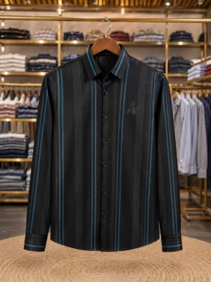 Men’s Luxury Vertical Striped Shirt – Black & Blue Full Sleeve Smart Outfit