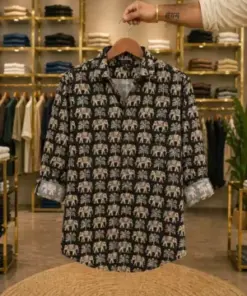 Men’s Stylish Elephant Print Shirt – Black Designer Full Sleeve Casual Shirt