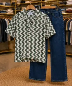 Men’s Stylish Zig-Zag Print Shirt – Green & White Half Sleeve Casual Wear