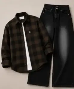 Bold Brown Checkered Overshirt and Faded Black Wide-Leg Jeans Set
