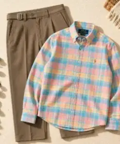 Pastel Plaid Button-Down Shirt and Khaki Trousers Ensemble