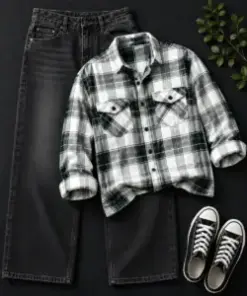 Rugged Green Checkered Flannel Shirt and Washed Black Jeans Outfit