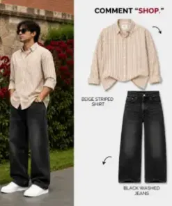 Casual Beige Striped Button-Down and Black Washed Wide-Leg Jeans Combo