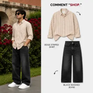 Casual Beige Striped Button-Down and Black Washed Wide-Leg Jeans Combo