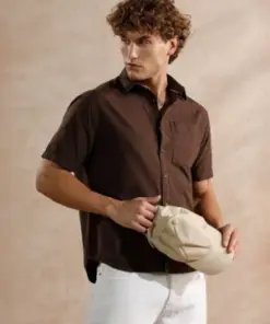 Men's Solid Coffee Brown Casual Short Sleeve Shirt