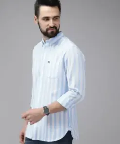 Sky Blue & White Vertical Stripe Cotton Shirt – Smart Casual Style with Global Business Appeal
