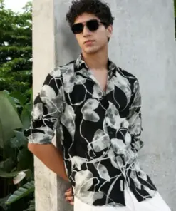 Manhattan Noir – Luxe Abstract Leaf Print Resort Shirt