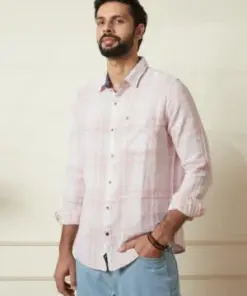 Men's Soft Pink & White Checkered Casual Linen Shirt
