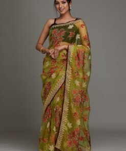 Parrot Green Printed Organza Designer Saree