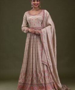Beige Threadwork Semi Crepe Readymade Salwar Suit