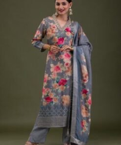 Grey Printed Semi Crepe Readymade Salwar Suit