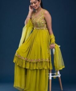 Parrot Green Mirrorwork Georgette Readymade Salwar Suit