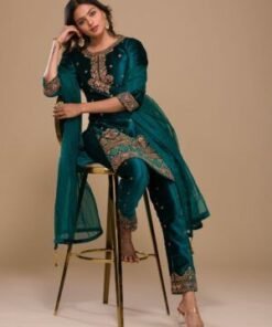 Peacock Blue Zariwork Velvet Readymade Salwar Suit