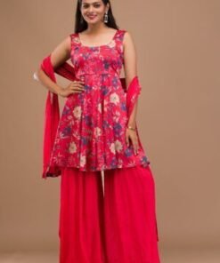 Red Printed Semi Crepe Readymade Sharara Suit