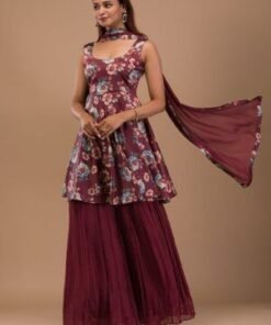 Rust Printed Semi Crepe Readymade Sharara Suit