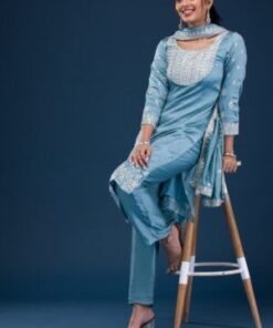 Sky Blue Zariwork Art Silk Readymade Salwar Suit