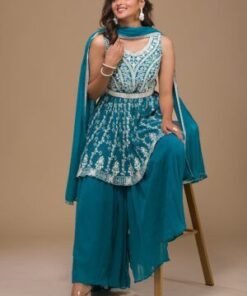 Turquoise Blue Threadwork Georgette Readymade Sharara Suit