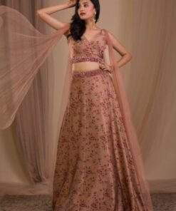 Brown Printed Satin Readymade Lehenga