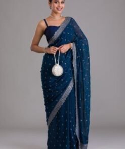 Royal Blue Floral Printed Semi Crepe Saree